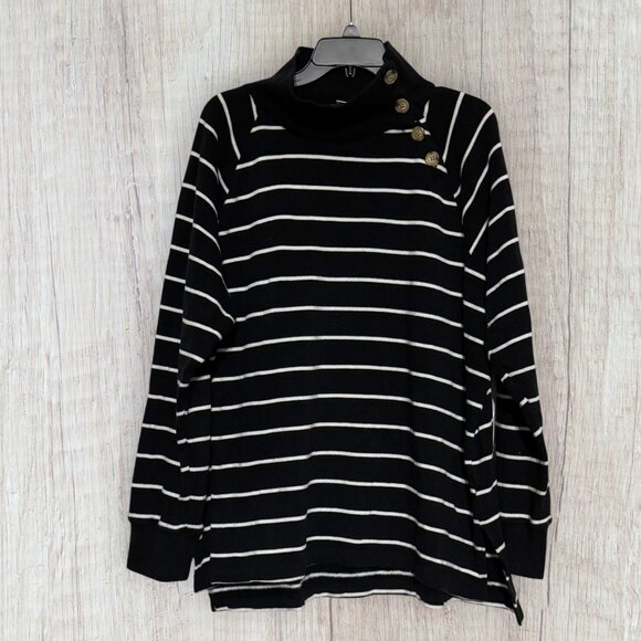 J.Crew Striped Fleece Funnel Neck Button Top Fleece Tunic Black White XL - Picture 2 of 6